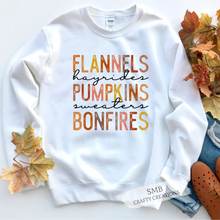 Load image into Gallery viewer, Flannels Hayrides Pumpkins Sweaters Bonfires
